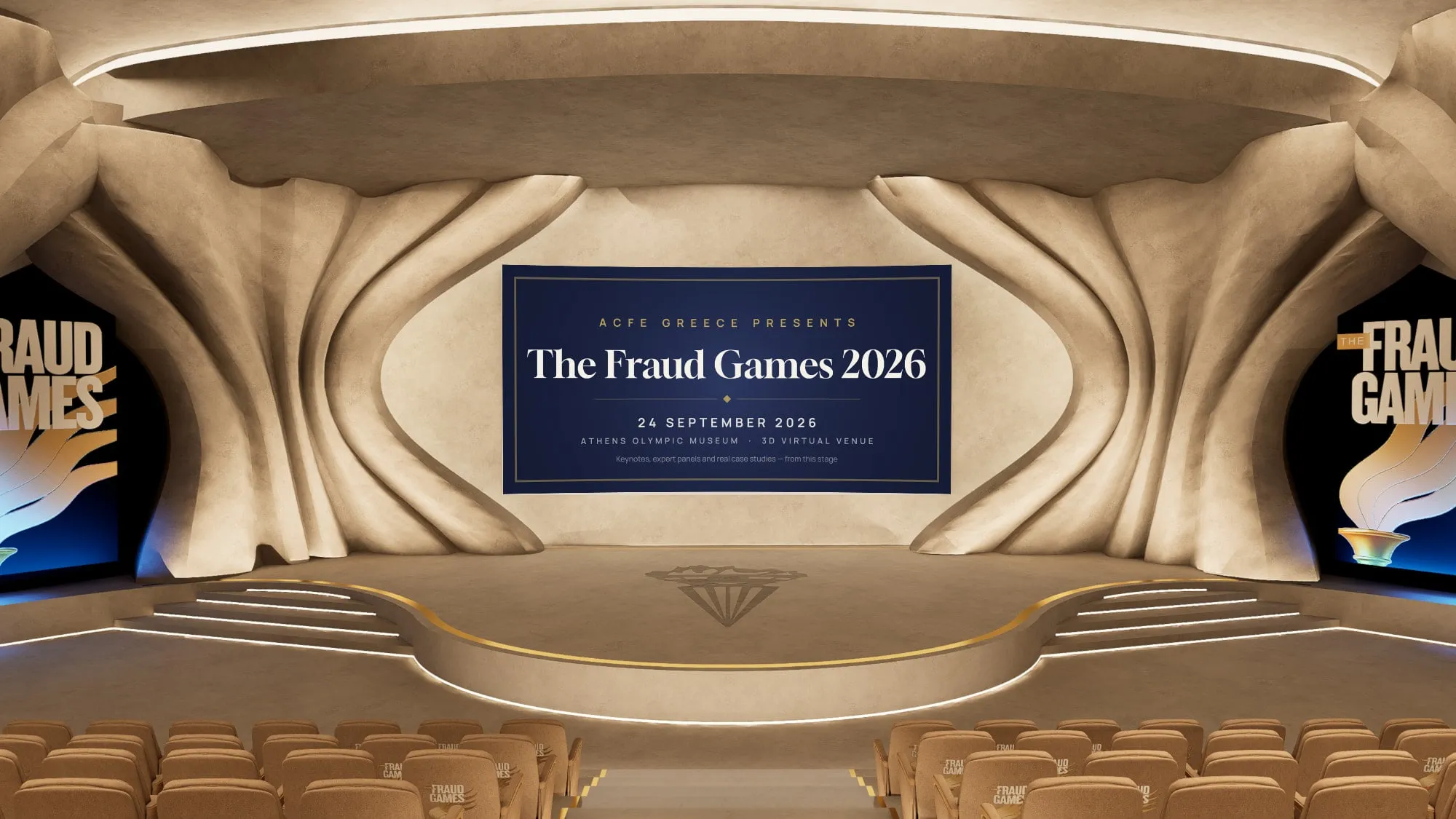 The virtual conference hall: a curved stone stage with a screen reading The Fraud Games 2026