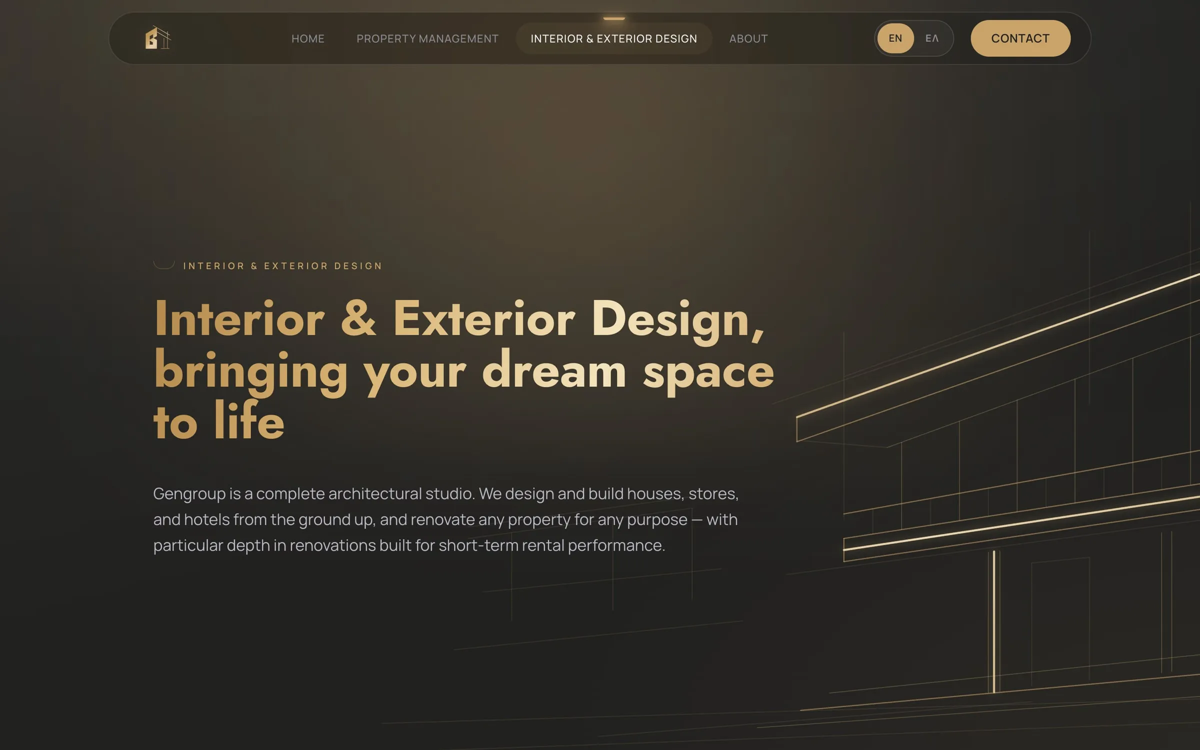 Gengroup design page: gold blueprint lines of a building on charcoal